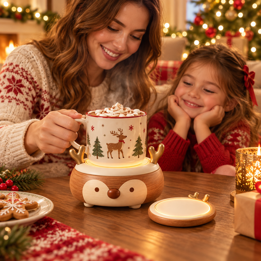 Christmas Reindeer Mug Warmer & Coaster Set – Cozy Holiday Coffee Gift